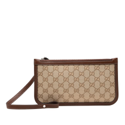 Gucci AB Gucci Brown Beige Canvas Fabric GG Wristlet Pouch Italy