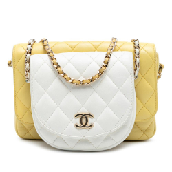 Chanel B Chanel Yellow with White Lambskin Leather Leather CC Quilted Lambskin Side Packs Flap Italy