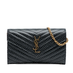 Saint Laurent Black Calf Leather Quilted Chevron skin Polka Dot Monogram Envelope Chain Wallet Italy