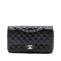 Chanel B Chanel Black Lambskin Leather Leather Medium Classic Perforated Lambskin Double Flap France