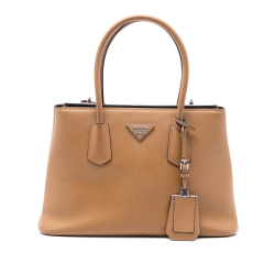 Prada B Prada Brown Beige Saffiano Leather Cuir Turnlock Twin Satchel Italy