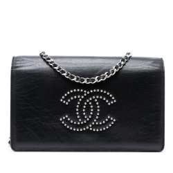 Chanel B Chanel Black Lambskin Leather Leather Studded Lambskin CC Wallet on Chain Italy