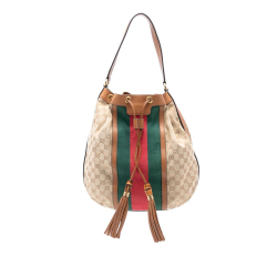 Gucci B Gucci Brown Beige Canvas Fabric GG Web Rania Drawstring Hobo Italy