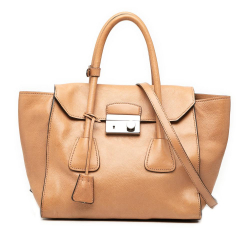 Prada B Prada Brown Beige Calf Leather Glace Sound Lock Satchel Italy
