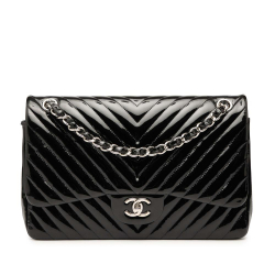 Chanel AB Chanel Black Patent Leather Leather Jumbo Classic Chevron Patent Double Flap Italy