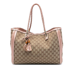 Gucci B Gucci Brown Beige with Pink Canvas Fabric Medium GG Bella Tote Italy