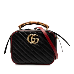 Gucci AB Gucci Black Calf Leather Small GG Marmont Matelasse Diagonal Torchon Bamboo Satchel Italy