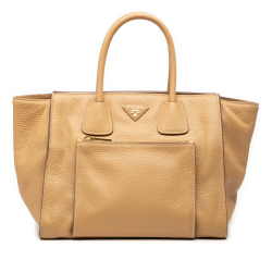 Prada B Prada Brown Beige Calf Leather Vitello Daino Front Pocket Open Convertible Tote Italy