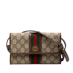 Gucci B Gucci Brown Beige Coated Canvas Fabric GG Supreme Web Ophidia Trifold Wallet on Strap Italy