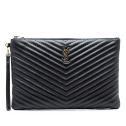 Saint Laurent AB Saint Laurent Black Calf Leather Quilted Chevron Monogram Document Holder Italy