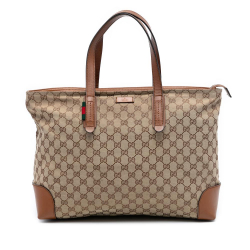 Gucci B Gucci Brown Beige Canvas Fabric GG Web Tote Italy