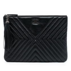 Chanel AB Chanel Black Calf Leather Medium Diagonal Chevron skin Tassel O Case Clutch Italy