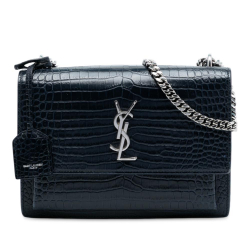 Saint Laurent B Saint Laurent Black Calf Leather Medium Croc Embossed Monogram Sunset Bag Italy