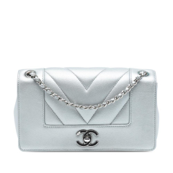 Chanel Silver Mini Quilted Chevron Sheepskin Mademoiselle Vintage Flap Italy