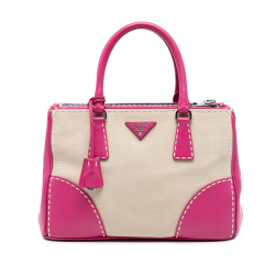 Prada Brown Beige Canvas Fabric Small and City Calf Hand Stitched Galleria Double Zip Satchel Italy