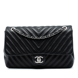 Chanel Black Lambskin Leather Leather Jumbo Classic Chevron Lambskin Double Stitch Single Flap Italy