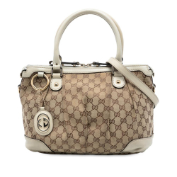 Gucci B Gucci Brown Beige with White Canvas Fabric GG Sukey Satchel Italy