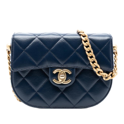 Chanel AB Chanel Blue Navy Calf Leather Mini CC Quilted Shiny skin Round Moon Messenger Flap Italy