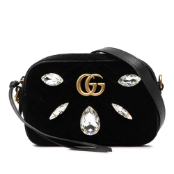 Gucci B Gucci Black Velvet Fabric Mini GG Marmont Crystal Embellished Matelasse Crossbody Italy