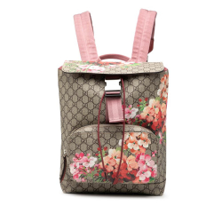 Gucci AB Gucci Brown Beige Coated Canvas Fabric GG Supreme Blooms Single Buckle Backpack Italy