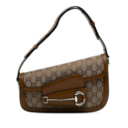 Gucci AB Gucci Brown Beige Canvas Fabric GG Asymmetric Horsebit 1955 Shoulder Bag Italy