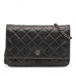 Chanel AB Chanel Black Patent Leather Leather CC Quilted Crinkled Patent Wallet On Chain Italy