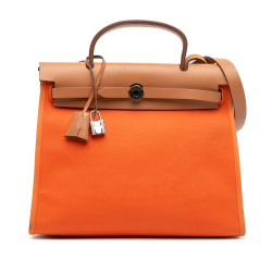 Hermès B Hermès Orange with Brown Canvas Fabric Toile Herbag Zip 31 France