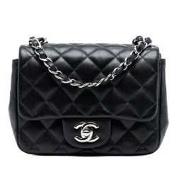Chanel AB Chanel Black Lambskin Leather Leather Mini Square Classic Lambskin Single Flap France