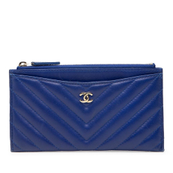 Chanel B Chanel Blue Calf Leather CC Chevron skin Zip Wallet Italy