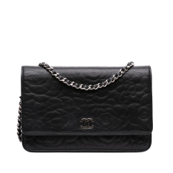 Chanel B Chanel Black Lambskin Leather Leather CC Embossed Lambskin Camellia Wallet On Chain France