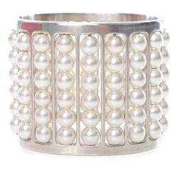 Chanel AB Chanel Silver with White Pearl Silver Plated Metal Wide Pearl Cuff Bracelet France