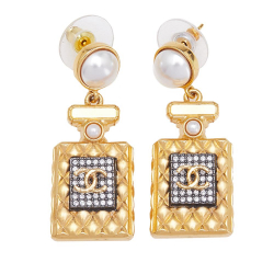 Chanel Gold Gold Plated and Faux Pearl Crystal CC Perfume Bottle Drop Push Back Earrings France