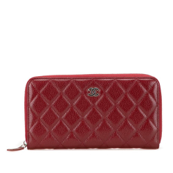 Chanel B Chanel Red Dark Red Caviar Leather Leather CC Quilted Caviar Zip Around Long Wallet France