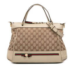 Gucci B Gucci Brown Beige Canvas Fabric GG Web Mayfair Satchel Italy