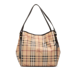 Burberry B Burberry Brown Beige Coated Canvas Fabric Small Haymarket Check Canterbury Tote Italy