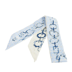 Hermès AB Hermès Blue Light Blue Silk Fabric Do Re Boucles Broderie Anglaise Twilly Scarf France