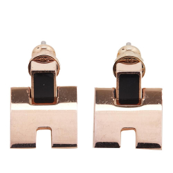 Hermès B Hermès Pink Rose Gold with Black Gold Plated Metal Rose Enamel Eileen Push Back Earrings France