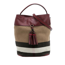Burberry Brown Medium Mega Check Canvas and Grained Calfskin Ashby Tassel Bucket Bag China