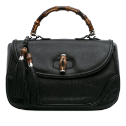 Gucci B Gucci Black Calf Leather Large Pebbled skin New Bamboo Top Handle Bag Italy