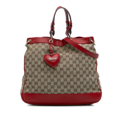 Gucci B Gucci Brown Beige with Red Canvas Fabric Medium GG Valentine Top Handle Bag Italy