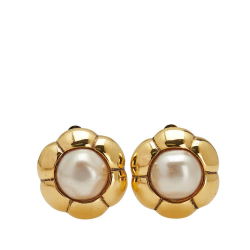 Chanel B Chanel Gold Gold Plated Metal Faux Pearl Flower Clip On Earrings France