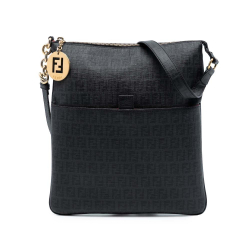 Fendi B Fendi Black Coated Canvas Fabric Zucchino Charm Zip Crossbody Italy