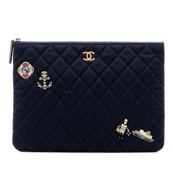 Chanel AB Chanel Blue Navy Wool Fabric Paris Hamburg Medium Quilted Coco Sailor Charms O Case Clutch Italy