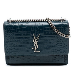 Saint Laurent AB Saint Laurent Blue Navy Calf Leather Medium Croc Embossed skin Sunset Flap Crossbody Italy