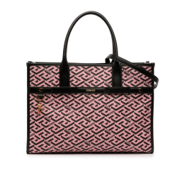Versace AB Versace Pink with Multi Coated Canvas Fabric Multicolor La Greca Tote Italy