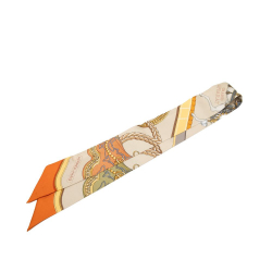 Hermès B Hermès Brown Light Beige with Multi Silk Fabric Grand Apparat Twilly Scarf France
