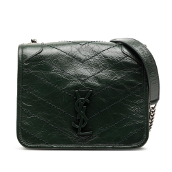 Saint Laurent AB Saint Laurent Green Dark Green Calf Leather Crinkled skin Niki Wallet on Chain Italy