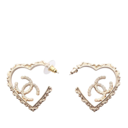 Chanel AB Chanel Gold Gold Plated Metal CC Rhinestones Heart Hoop Earrings France
