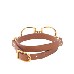 Hermès AB Hermès Brown with Gold Calf Leather Swift Gold Plated Etrier Double Tour Bracelet France