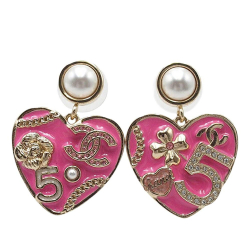 Chanel AB Chanel Gold Light Gold with Pink Gold Plated Metal CC Faux Pearl Heart Push Back Earrings Italy